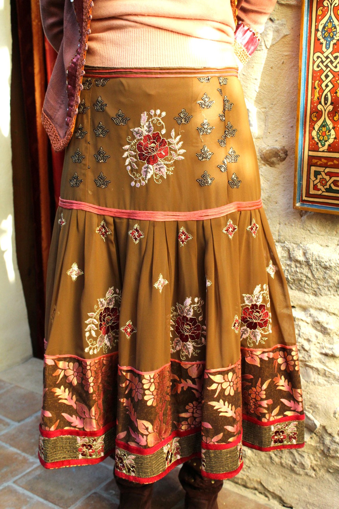 Jupe boh?�me brod?�e empi?�cement et volants cr??pe marron brod?� - Etsy France