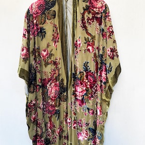 OOAK Burnout Velvet Kimono Jacket, Embroidered Silk Duster, Long Bohemian Festival Coat, Artisan Statement Layer, Beaded fringe kimono