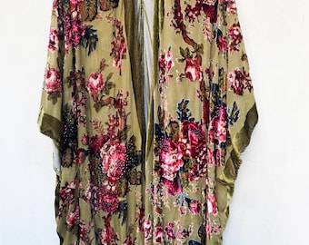 OOAK Burnout Velvet Kimono Jacket, Embroidered Silk Duster, Long Bohemian Festival Coat, Artisan Statement Layer, Beaded fringe kimono