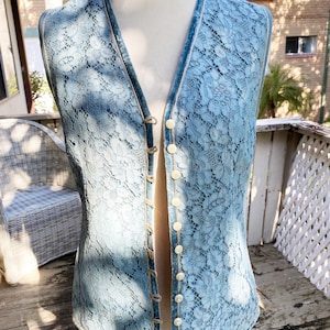 OOAK Victorian lace vest, Handmade Blue Waistcoat, Antique Button Vest, Bohemian Artisan Jacket, Romantic Sleeveless Jacket,Vintage Inspired
