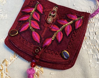 Vintage-retro collection Textile art pouch small recycled Moroccan choukara velvet with embroidered applique braids small tassel