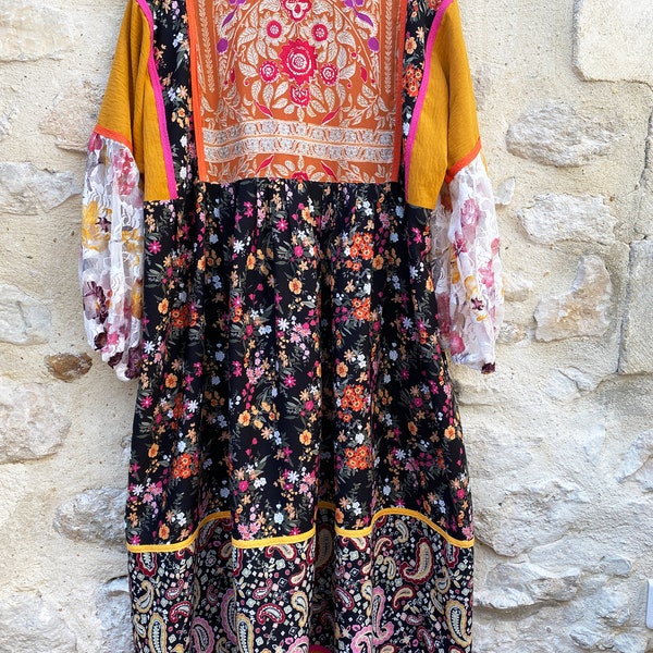 Babouchka Collection Maxi dress mix viscose prints devoured satin insert puffed sleeves in printed lace slavic boho folk dress