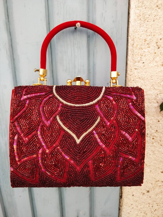 Rajasthan Collection Indian handbag embroidered with pearls vintage 80s ethnic bag boho velvet excellent condition red gold