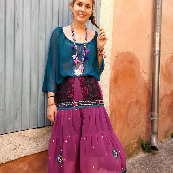 Collection Gypsy Jupe gitane boho bollywood en tissu de sari et dentelle mauve-canard 38-40 Empiècement  avec bordure Création unique.