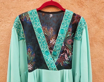 Boho Collection V-neck tunic with plain polyester crepe embroidered braid and long batwing sleeve print with oversized summer flounce