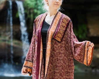 Bohemian kimono jacket, embroidered kimono, paisley draped jacket, artistic layering piece, festival clothing, handmade clothing,