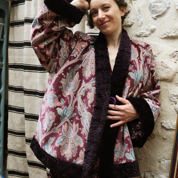 Babouchka Collection Reversible kimono jacket short-sleeved cotton printed velvet astrakhan eggplant Russian ottoman jacket penny lane