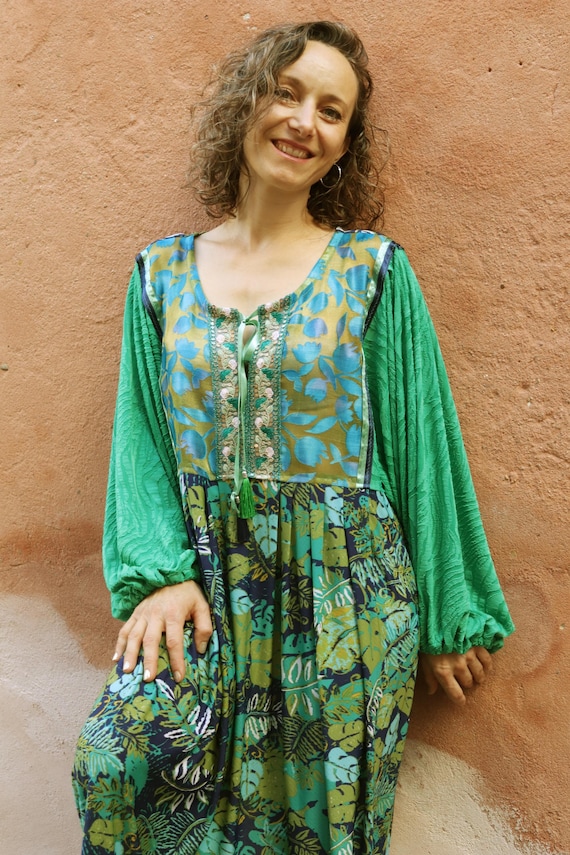 Refined bohemian maxi dress, handmade artistic clothing, festival outfit, burnout satin-jersey mix, wide long sleeves