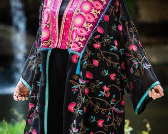 Bohemian-oriental kimono- statement outfit- handmade clothing- embroidered kimono- artistic jacket