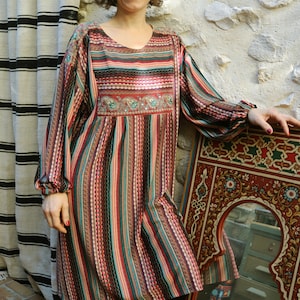 Boho Folk Oversized Dress, Broderad Ok, Randig Jersey Midiklänning, Långärmad Lös Passform, Artisan Festival, Cottagecore OOAK