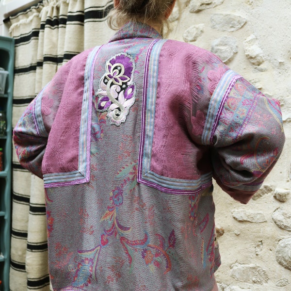 Boho chic kimono jacket, cashmere pashmina, appliques, stripes and embroidery, OOAK, cotton canvas lining, ethnic jacket, bohemian