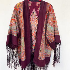 Pure Wool Boho Kimono Jacket, Handmade Festival Wrap, Paisley Shawl Cardigan, OOAK Artisan Clothing, Luxury Wool Kimono
