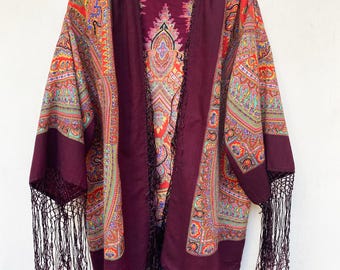 Pure Wool Boho Kimono Jacket, Handmade Festival Wrap, Paisley Shawl Cardigan, OOAK Artisan Clothing, Luxury Wool Kimono