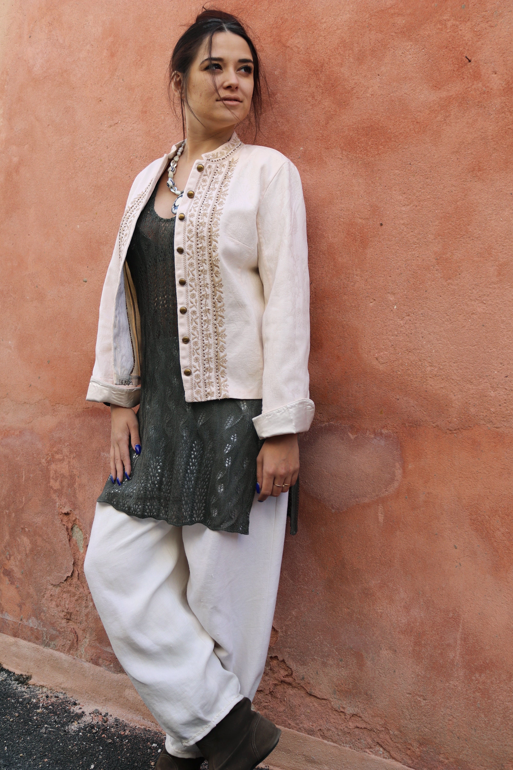 ジャケット・アウター Ethnic Embroided Design No Collar Jacket ethnic