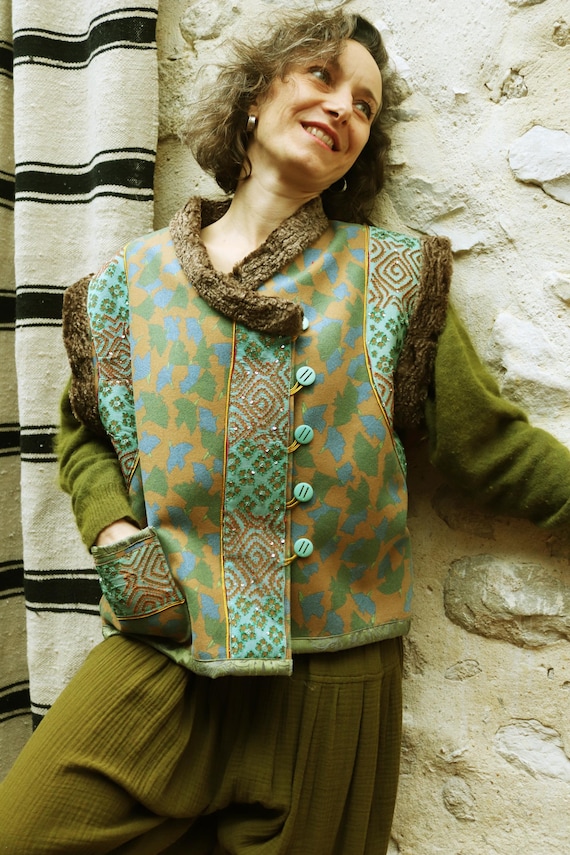 Boho Folk Wool Vest, Russian Ottoman Inspired Jacket, Embroidered Silk Trim, Astrakhan Fur Detail, Jacquard Lining, Artisan Clothing