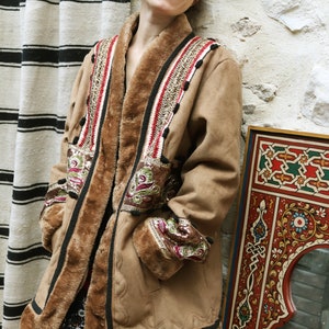 OOAK Embroidered Penny Lane Coat, Faux Suede Faux Fur Jacket, Handmade Bohemian Festival Coat, Russian Folk Ottoman Style, Winter Jacket