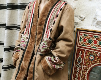 OOAK Embroidered Penny Lane Coat, Faux Suede Faux Fur Jacket, Handmade Bohemian Festival Coat, Russian Folk Ottoman Style, Winter Jacket