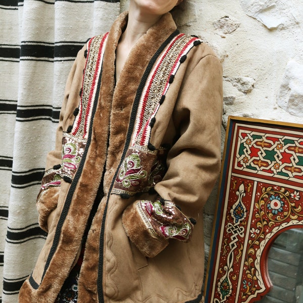 Babouchka Collection Czarina coat embroidered faux suede and faux fur honey hand-sewn Indian braids mid-length winter penny lane coat