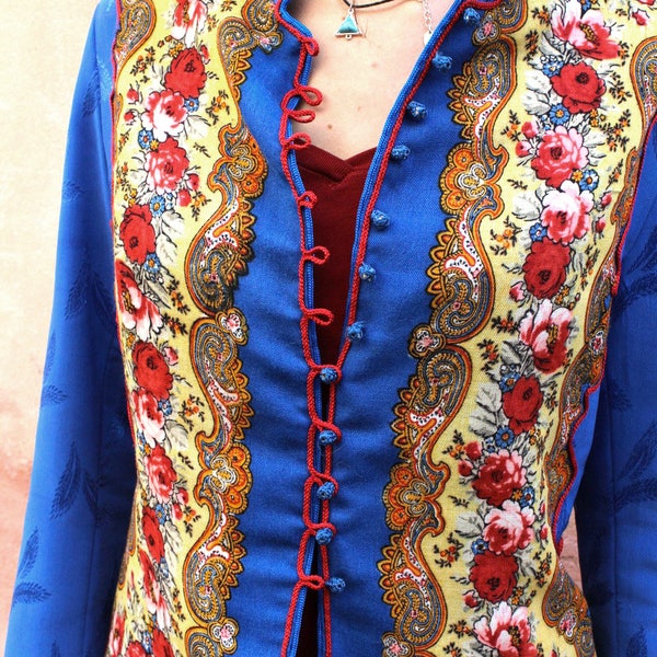 Small russian jacket, bohemian jacket, Damask crepe, flowered woolen etamine, Lace, blue-red-yellow,36-40, Bohemian clothing,Unique creation