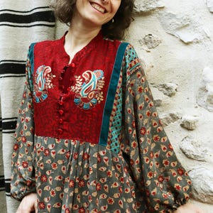 Boho maxiklänning för kvinnor, handgjord sidenklänning, broderad bohemisk klänning, festivaloutfit, eleganta statementkläder