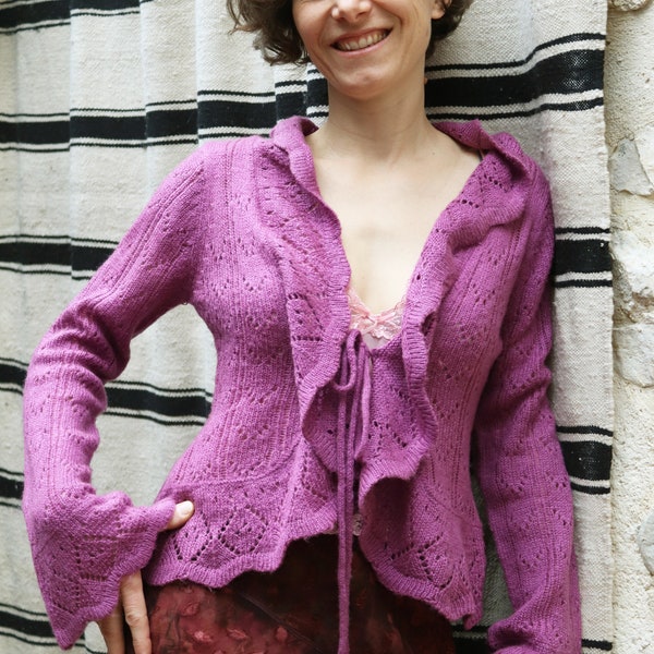 Gilet volanté laine acrylique maille ajourée 4 couleurs au choix  vintage années 90  très bon état gilet retro