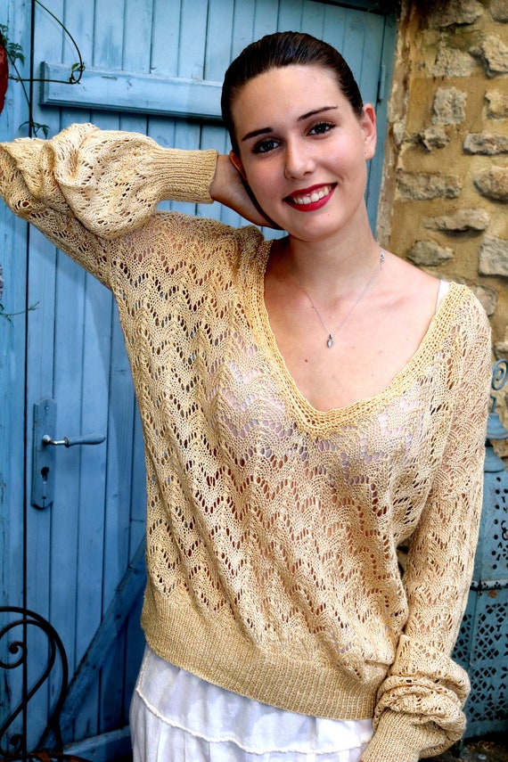 Hand Knit Cotton Pull Wide V Neckline Long Sleeves Very Etsy