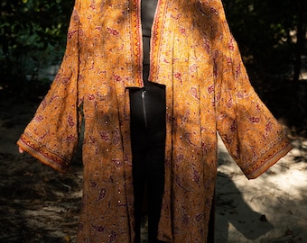 Long kimono jacket, embroidered silk kimono, refined bohemian clothing, festival clothing, bohemian handmade clothing