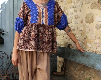 Boho-chic tunic, Indian cotton, yoke, buttoned V-neck, mid-length puffed sleeves, ethnic tunic, summer tunic, size 8-14
