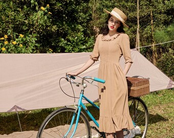 Linen Milkmaid Dress: Vintage Inspired, Ruffle Neck, Smocked Bodice