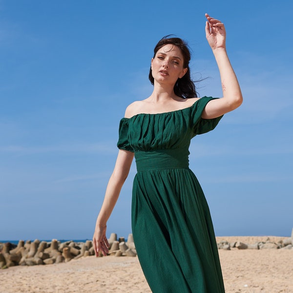 Linen Off-Shoulder Summer Dress, Vintage Green Circle Skirt