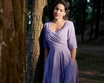 Linen Women Dress-Linen Vintage Inspired Fit and Flare Dress-LinenLinen Simple Neck Details Dress