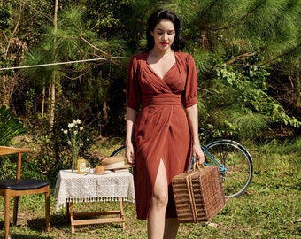 Linen Wrap Dress: Vintage Inspired V-Neck, Puffed Sleeves