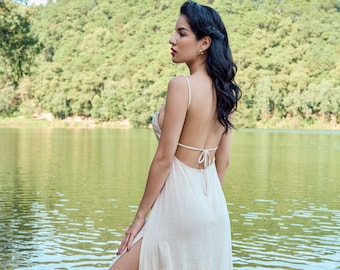 fitted lace wedding dress Halter Neck Maxi Dress Open Side Dress for Women Cotton Linen Contrast  Color Backless Side Slit Sleeveless Summer Dresses (Beige,Small) at Amazon  Women's Clothing store main image 0