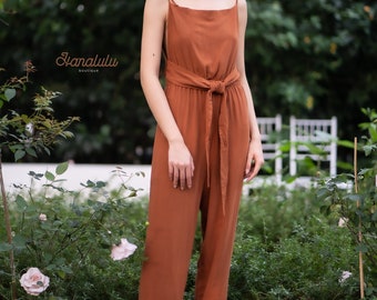 Linen Jumpsuit-Linen Overall-Linen Dungaree-Linen Pantsuit-Linen One Piece-Tied Straps, Squared Neck, Cropped Style Pant, Elastic Waist