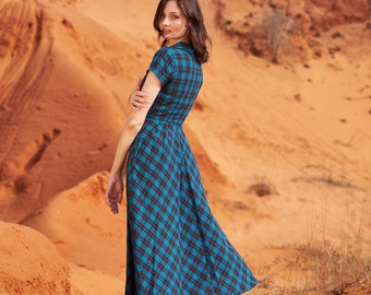 Cotton Plaid Fit and Flare Sundress - Button Detail