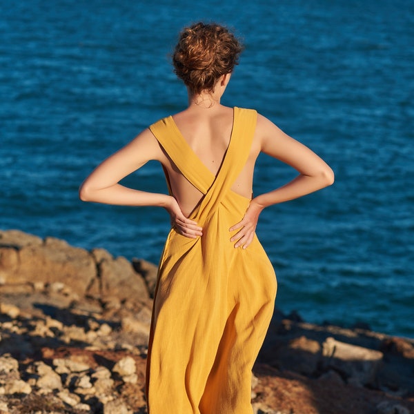 Linen Criss Cross Backless Dress-Linen Women Dress with Cross Back-Linen Simple Lose Fit Apron Inspired Dress in Mustard Yellow