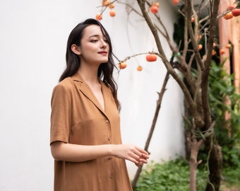 Linen Dress - Linen Shirtdress - Linen Cotton Slip On Dress - Linen Midi Dress - Linen Work Dress - Collared Short Sleeve Dress