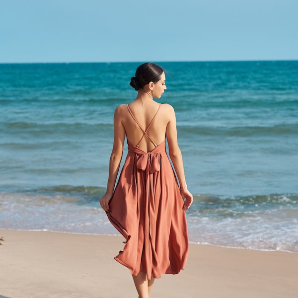 Linen Summer Dress, Criss Cross Back, Vintage Orange