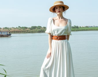 Linen Dress-Linen Long Midi Dress-Linen Skater Circle Dress-Linen White Dress-Linen Sundress Summer Dress-Scoop Neck 3/4 Sleeve (NO BELT)