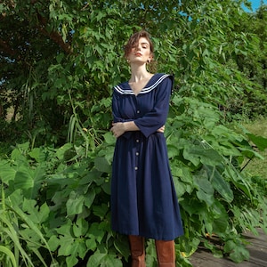 Linen Sailor Dress: Navy Blue Midi Shirtdress