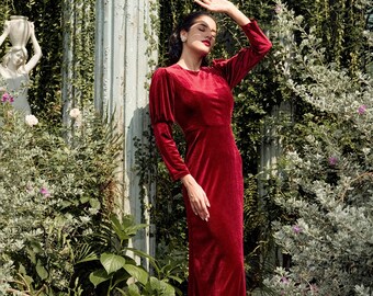 Velvet Open Back Floor Length Dress-Velvet Bare Back Floor Length Dress-Velvet Classic Long Sleeves Round Neck Long Dress Velvet Women