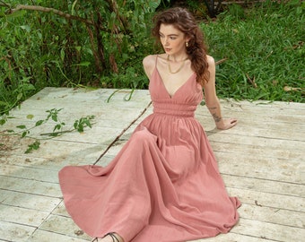 Linen Maxi Dress – Smocked Deep V-Neck, Strappy Skater Dress