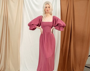 Linen Smocked Midi Dress, Puffed Sleeve Skater Dress