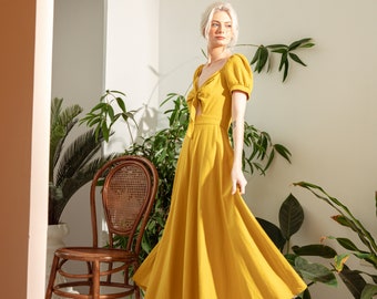 Linen Sundress: Fit and Flare Skater Dress with Puffed Sleeves