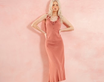 Linen Long Dress-Linen Maxi Dress-Linen Women Dress-Linen Slim Fit Dress-Linen Ruffle Neckline Sleeveless-Mid Calf Length-Linen Slip Dress