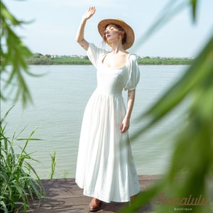 Linen Women Dress-Linen Medieval Midi Dress-Linen Sundress-Linen Skater Full Circle Dress-Tied Waist Scoop Neck Fit and Flare Gathered Dress