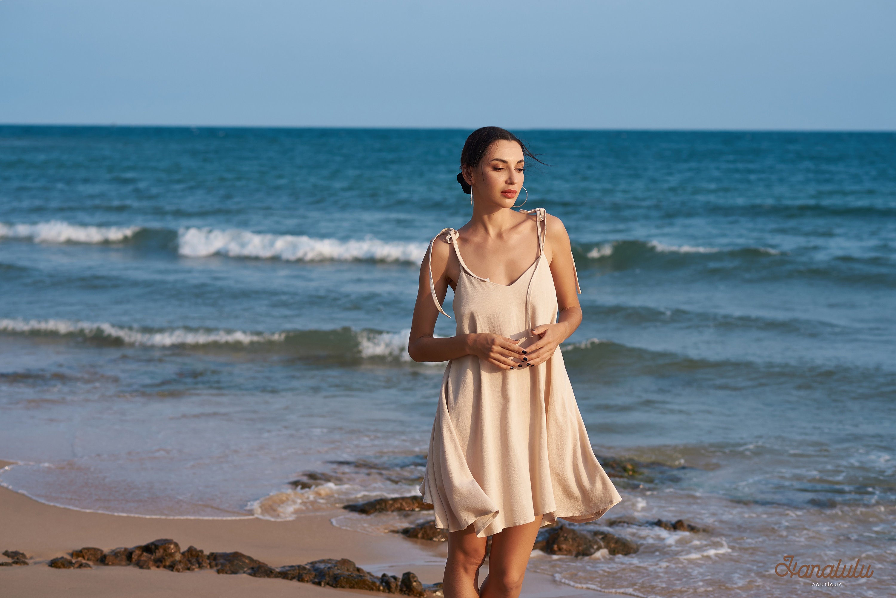chinese dress ladies Giovana Lace Up Back Linen Mini Dress in Sand – Coast Clothing Hire main image 1
