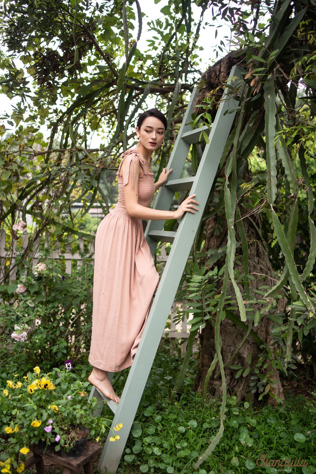 chinese dress ladies Lucienne Smocked Linen Maxi Dress