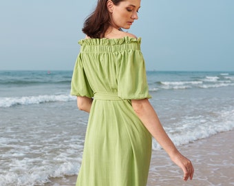 Linen Off-Shoulder Dress, Ruched Summer Sundress