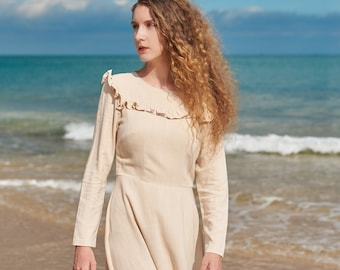 Linen Skater Dress, Ruffle Collar, All Season Midi Sundress
